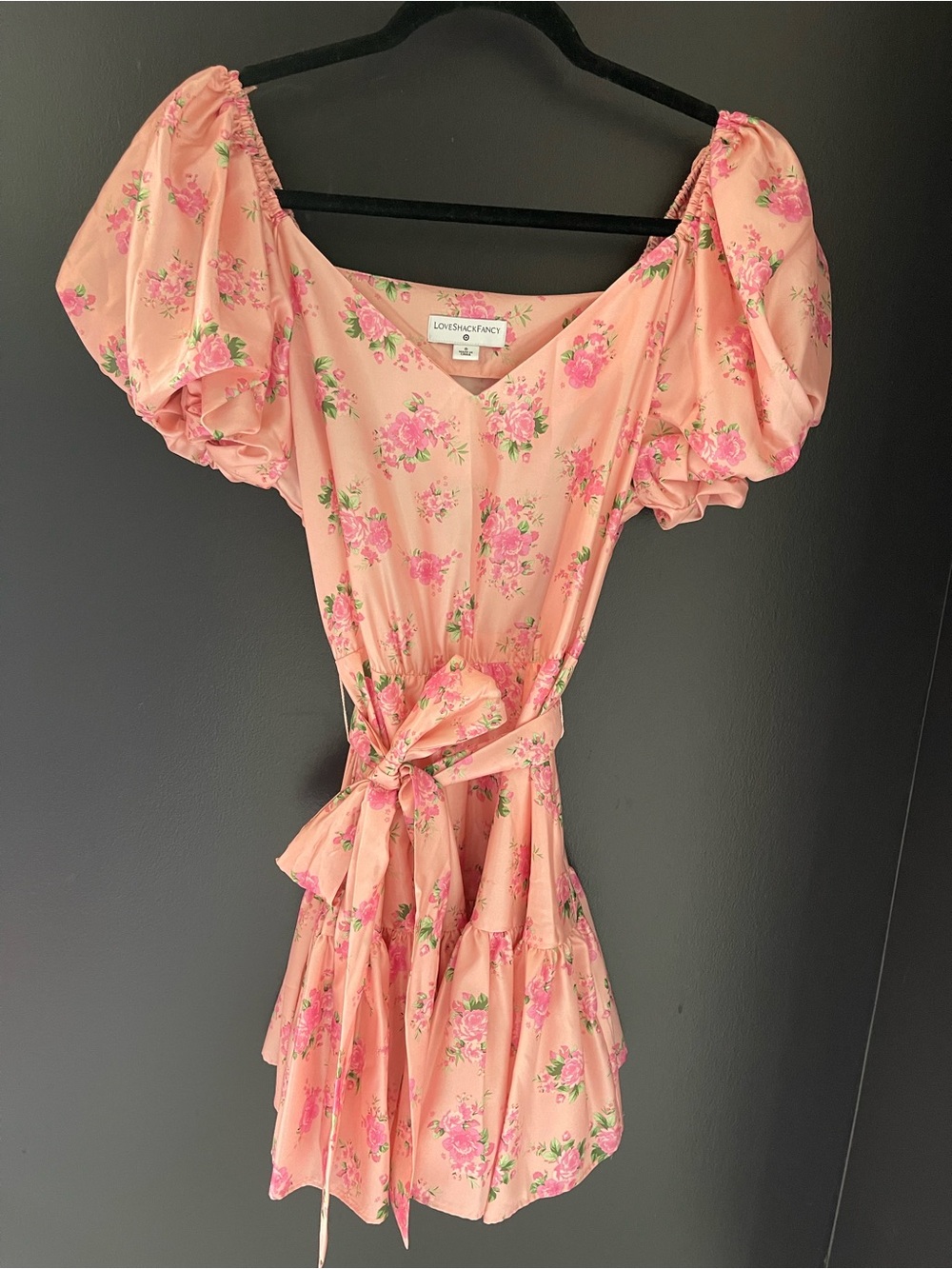 LoveShackFancy Pink Floral V-Neck Mini Dress